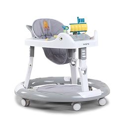 Babyhug 360° Musical Baby Walker with Lights  Grey| 3-Level Height Adjustment| Detachable Play & Feeding Tray| Compact Fold| Smooth Swivel Wheels| Cushioned Seat| 624 Months| Removable Foot Mat