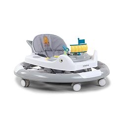 Babyhug 360° Musical Baby Walker with Lights  Grey| 3-Level Height Adjustment| Detachable Play & Feeding Tray| Compact Fold| Smooth Swivel Wheels| Cushioned Seat| 624 Months| Removable Foot Mat