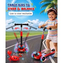 Babyhug Crab Kids Scooter with LED Wheels - Red| Adjustable Height| Lean-to-Steer| Toy for 3+ Yrs Boys & Girls|Sport Gift| Physical Activity| Plug & Play