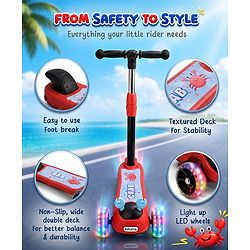 Babyhug Crab Kids Scooter with LED Wheels - Red| Adjustable Height| Lean-to-Steer| Toy for 3+ Yrs Boys & Girls|Sport Gift| Physical Activity| Plug & Play