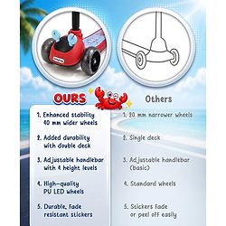 Babyhug Crab Kids Scooter with LED Wheels - Red| Adjustable Height| Lean-to-Steer| Toy for 3+ Yrs Boys & Girls|Sport Gift| Physical Activity| Plug & Play