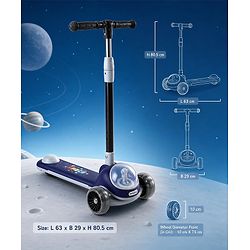 Babyhug Space Theme 3 Wheel Kids Scooter with LED Wheels - Blue| Adjustable Height| Lean-to-Steer| Toy for 3+ Years Boys & Girls | Outdoor Ride-On Toy | Physical Activity Gift| Plug & Play Assembly