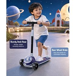 Babyhug Space Theme 3 Wheel Kids Scooter with LED Wheels - Blue| Adjustable Height| Lean-to-Steer| Toy for 3+ Years Boys & Girls | Outdoor Ride-On Toy | Physical Activity Gift| Plug & Play Assembly