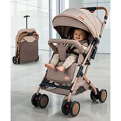 Babyhug Standard Baby Stroller with Integrated Trolley Handle - Beige | Reclining Seat| Safety Harness| Compact Fold| Lightweight Travel-Friendly| Swivel Wheel with Lock| Rear Wheels with Brake