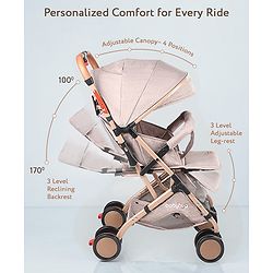 Babyhug Standard Baby Stroller with Integrated Trolley Handle - Beige | Reclining Seat| Safety Harness| Compact Fold| Lightweight Travel-Friendly| Swivel Wheel with Lock| Rear Wheels with Brake