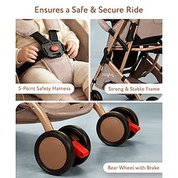 Babyhug Standard Baby Stroller with Integrated Trolley Handle - Beige | Reclining Seat| Safety Harness| Compact Fold| Lightweight Travel-Friendly| Swivel Wheel with Lock| Rear Wheels with Brake