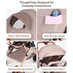 Babyhug Standard Baby Stroller with Integrated Trolley Handle - Beige | Reclining Seat| Safety Harness| Compact Fold| Lightweight Travel-Friendly| Swivel Wheel with Lock| Rear Wheels with Brake