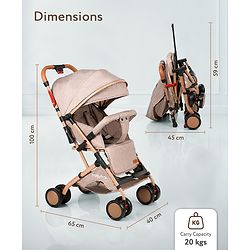 Babyhug Standard Baby Stroller with Integrated Trolley Handle - Beige | Reclining Seat| Safety Harness| Compact Fold| Lightweight Travel-Friendly| Swivel Wheel with Lock| Rear Wheels with Brake
