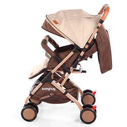 Babyhug Standard Baby Stroller with Integrated Trolley Handle - Beige | Reclining Seat| Safety Harness| Compact Fold| Lightweight Travel-Friendly| Swivel Wheel with Lock| Rear Wheels with Brake