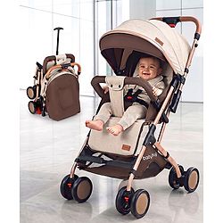 Babyhug Standard Baby Stroller with Integrated Trolley Handle - Beige | Reclining Seat| Safety Harness| Compact Fold| Lightweight Travel-Friendly| Swivel Wheel with Lock| Rear Wheels with Brake