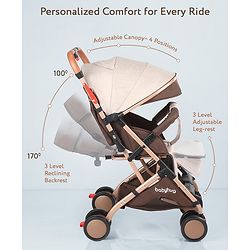 Babyhug Standard Baby Stroller with Integrated Trolley Handle - Beige | Reclining Seat| Safety Harness| Compact Fold| Lightweight Travel-Friendly| Swivel Wheel with Lock| Rear Wheels with Brake