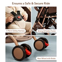 Babyhug Standard Baby Stroller with Integrated Trolley Handle - Beige | Reclining Seat| Safety Harness| Compact Fold| Lightweight Travel-Friendly| Swivel Wheel with Lock| Rear Wheels with Brake
