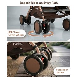 Babyhug Standard Baby Stroller with Integrated Trolley Handle - Beige | Reclining Seat| Safety Harness| Compact Fold| Lightweight Travel-Friendly| Swivel Wheel with Lock| Rear Wheels with Brake