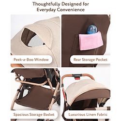 Babyhug Standard Baby Stroller with Integrated Trolley Handle - Beige | Reclining Seat| Safety Harness| Compact Fold| Lightweight Travel-Friendly| Swivel Wheel with Lock| Rear Wheels with Brake
