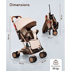 Babyhug Standard Baby Stroller with Integrated Trolley Handle - Beige | Reclining Seat| Safety Harness| Compact Fold| Lightweight Travel-Friendly| Swivel Wheel with Lock| Rear Wheels with Brake