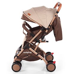 Babyhug Standard Baby Stroller with Integrated Trolley Handle - Beige | Reclining Seat| Safety Harness| Compact Fold| Lightweight Travel-Friendly| Swivel Wheel with Lock| Rear Wheels with Brake