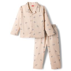 Babyhug Cotton Knit Full Sleeves Co-ord Night Suit With Shark Print - Light Pink