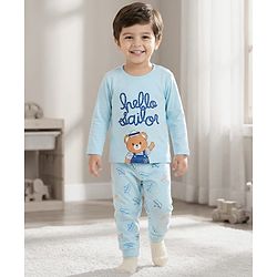 Babyhug Cotton Knit Full Sleeves Night Suit With Bear Print - Light Blue