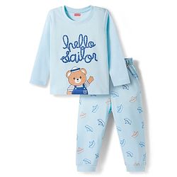 Babyhug Cotton Knit Full Sleeves Night Suit With Bear Print - Light Blue