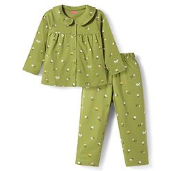 Babyhug Cotton Knit Full Sleeves Top & Pyjama Co-ord Night Suit With Floral Print - Green