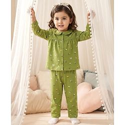 Babyhug Cotton Knit Full Sleeves Top & Pyjama Co-ord Night Suit With Floral Print - Green