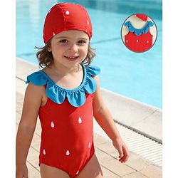 Babyhug Sleeveless V Cut Swimsuit with Cap & Drop Print Petal Detailing- Red