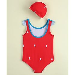Babyhug Sleeveless V Cut Swimsuit with Cap & Drop Print Petal Detailing- Red