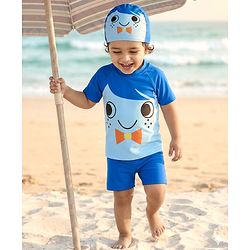 Babyhug Raglan Half Sleeves Printed Two Piece Swimsuit With Cap - Blue