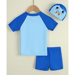 Babyhug Raglan Half Sleeves Printed Two Piece Swimsuit With Cap - Blue