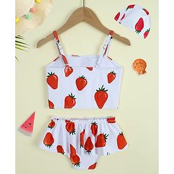 Babyhug Sleeveless Strawberry Printed Two Piece Swimsuit With Cap - Red