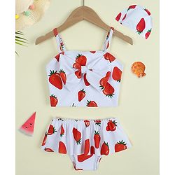 Babyhug Sleeveless Strawberry Printed Two Piece Swimsuit With Cap - Red