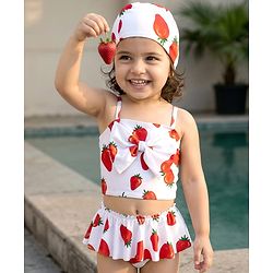 Babyhug Sleeveless Strawberry Printed Two Piece Swimsuit With Cap - Red