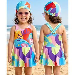 Babyhug Sleeveless Butterfly Printed Frock Swimsuit With Cap - Multicolour