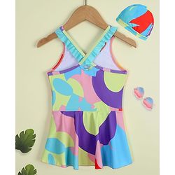 Babyhug Sleeveless Butterfly Printed Frock Swimsuit With Cap - Multicolour