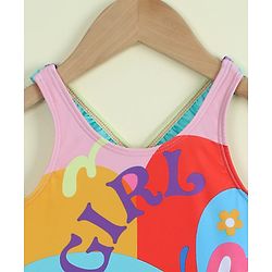 Babyhug Sleeveless Butterfly Printed Frock Swimsuit With Cap - Multicolour