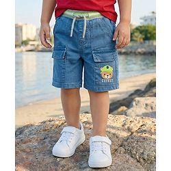 Babyhug Mid Thigh Washed Denim Shorts With Teddy Bear Print & Stretch - Blue
