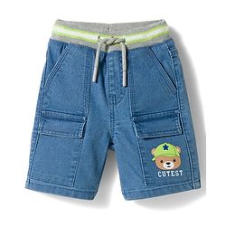 Babyhug Mid Thigh Washed Denim Shorts With Teddy Bear Print & Stretch - Blue