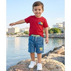 Babyhug Mid Thigh Washed Denim Shorts With Teddy Bear Print & Stretch - Blue