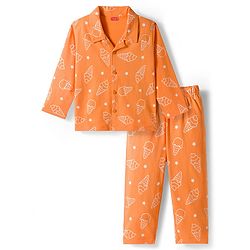 Babyhug Cotton Knit Full Sleeves Co-ords Shirt & Pajama Night Suit with Ice Cream Print - Orange