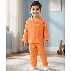 Babyhug Cotton Knit Full Sleeves Co-ords Shirt & Pajama Night Suit with Ice Cream Print - Orange