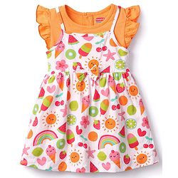 Babyhug Cotton Knit Frill Sleeves Tropical Theme Printed Frock with Inner Tee & Bow Applique - Multicolor