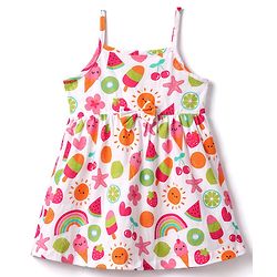 Babyhug Cotton Knit Frill Sleeves Tropical Theme Printed Frock with Inner Tee & Bow Applique - Multicolor