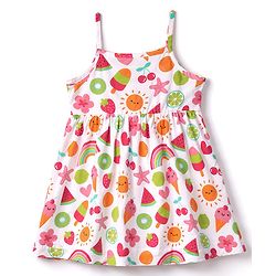 Babyhug Cotton Knit Frill Sleeves Tropical Theme Printed Frock with Inner Tee & Bow Applique - Multicolor