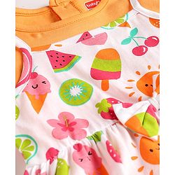 Babyhug Cotton Knit Frill Sleeves Tropical Theme Printed Frock with Inner Tee & Bow Applique - Multicolor