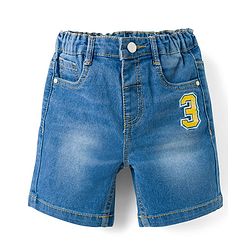 Babyhug Mid Thigh Washed Denim Shorts With Number Embroidery & Stretch - Light Blue