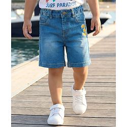 Babyhug Mid Thigh Washed Denim Shorts With Number Embroidery & Stretch - Light Blue