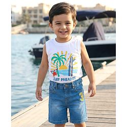 Babyhug Mid Thigh Washed Denim Shorts With Number Embroidery & Stretch - Light Blue