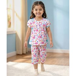 Babyhug Cotton Knit Half Sleeves Co-ords Capri Night Suit With Floral Print - Pink & White