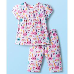 Babyhug Cotton Knit Half Sleeves Co-ords Capri Night Suit With Floral Print - Pink & White
