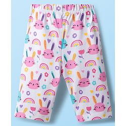 Babyhug Cotton Knit Half Sleeves Co-ords Capri Night Suit With Floral Print - Pink & White